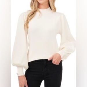 Cece Ivory Long Sleeve Mock Neck Embellished Button on Wrist Sweater Size Large